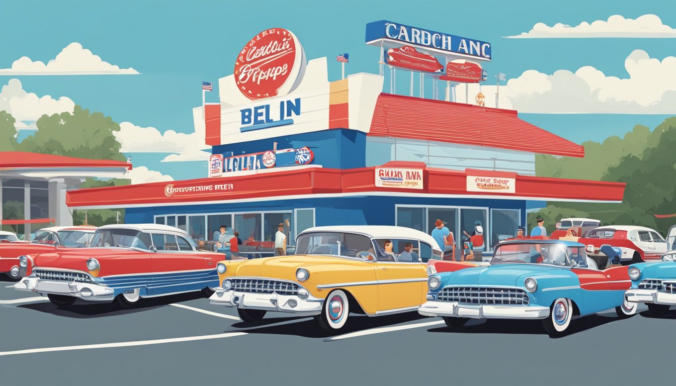 A bustling drive-in with iconic red, blue, and white branding. Customers enjoy breakfast items served by carhops on roller skates