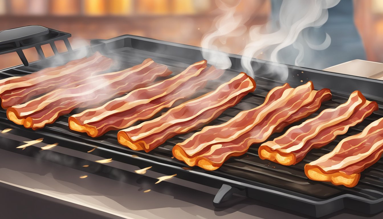 A sizzling strip of bacon cooking on a hot griddle, surrounded by steam and the aroma of crispy, savory goodness