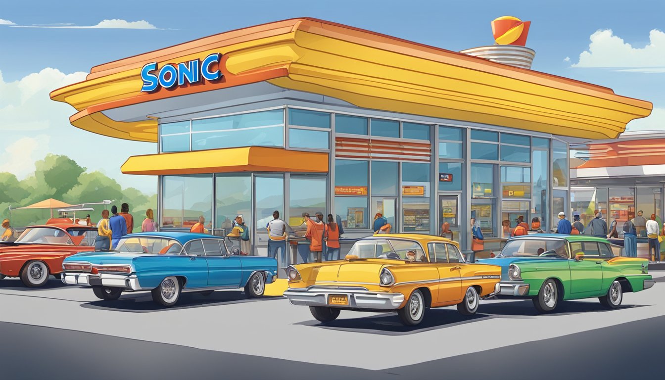 A bustling Sonic drive-in with cars lined up, customers enjoying breakfast, and franchise expansion plans on display