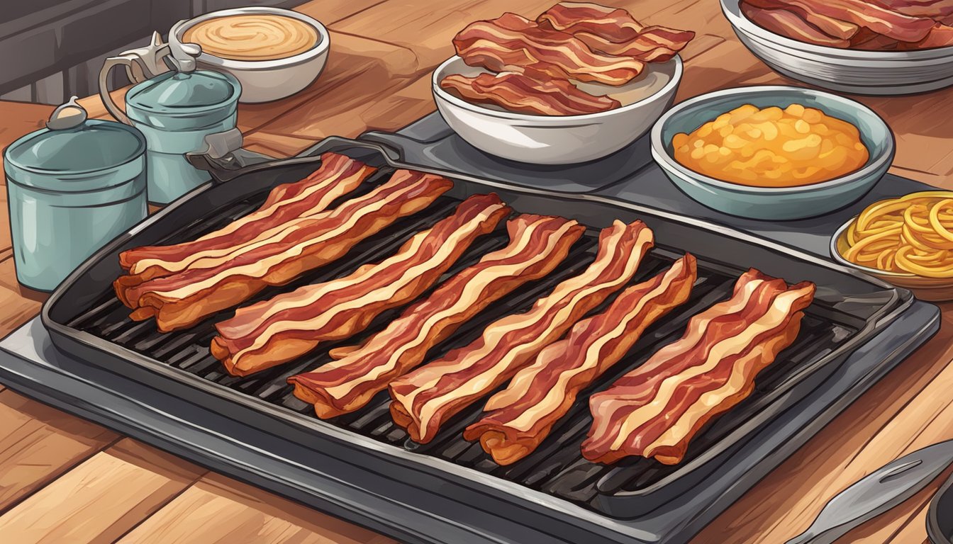 A sizzling bacon strip cooks on a hot griddle, releasing a mouthwatering aroma. Surrounding ingredients hint at the creation of a unique fast food dish