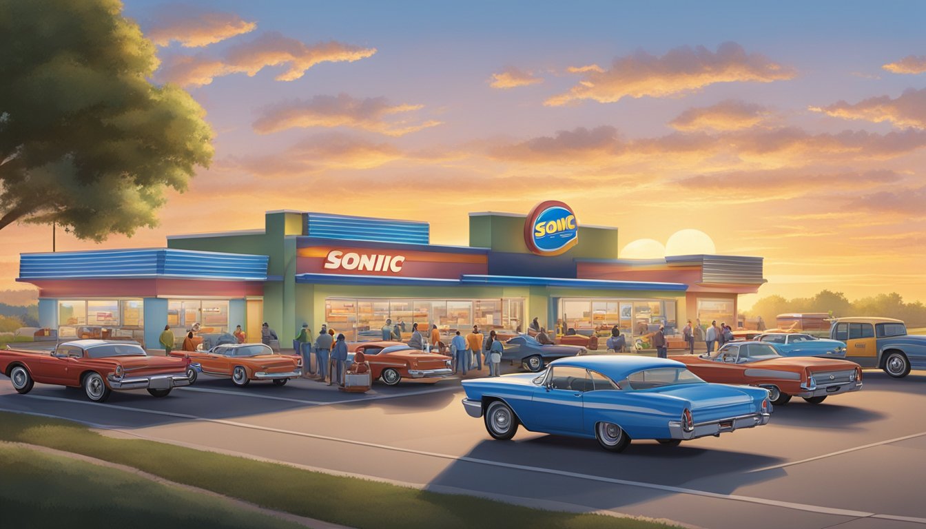 A bustling drive-in scene at sunrise with cars lined up at Sonic, staff delivering breakfast orders, and customers enjoying their meals in their vehicles