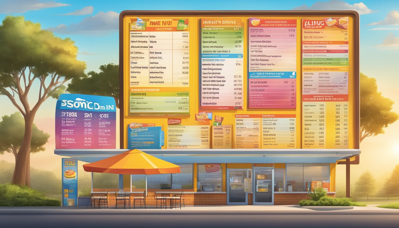 A colorful breakfast menu board with detailed nutritional information displayed at a Sonic Drive-In, with the morning sun shining on the scene