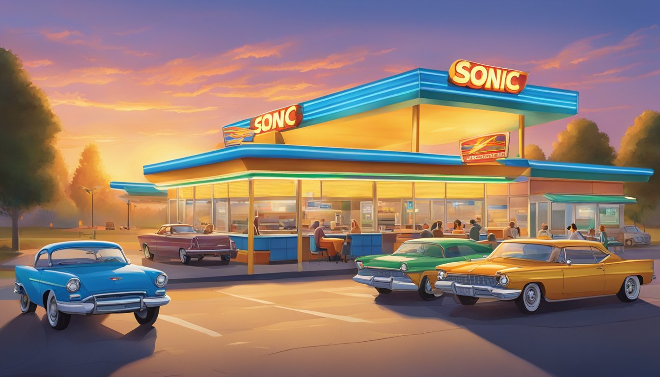 A vibrant sunrise over a Sonic drive-in with a variety of breakfast items displayed on a menu board. A line of cars forms as customers eagerly take advantage of the morning happy hour deal