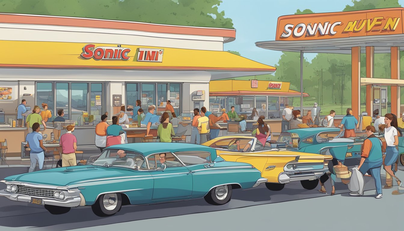 A bustling Sonic Drive-In during breakfast rush, with carhops delivering trays of food and drinks to waiting customers in their cars