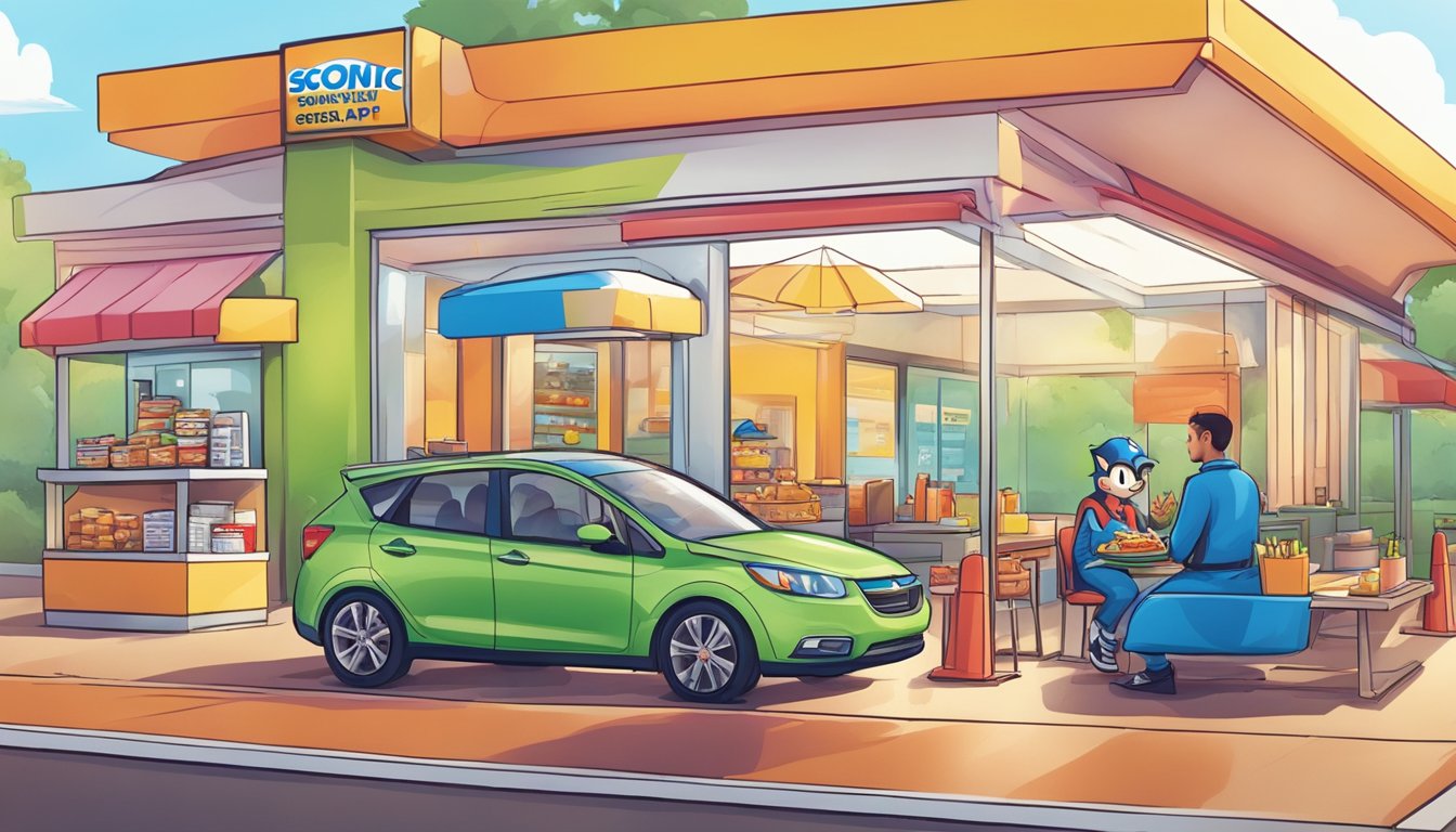 A colorful drive-thru scene with a car receiving a breakfast order from a Sonic employee holding a mobile phone with the Sonic App displayed