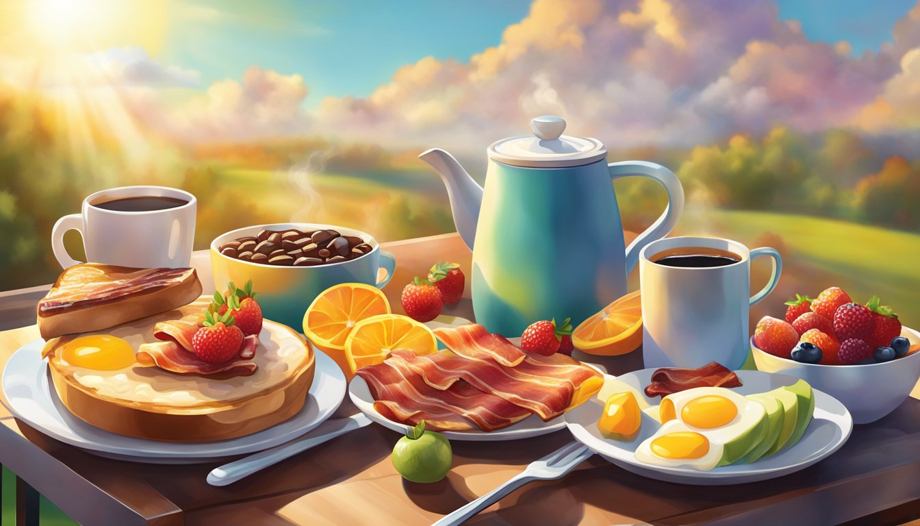 A colorful breakfast spread with steaming coffee, sizzling bacon, and fresh fruit, set against a backdrop of a sunny morning sky