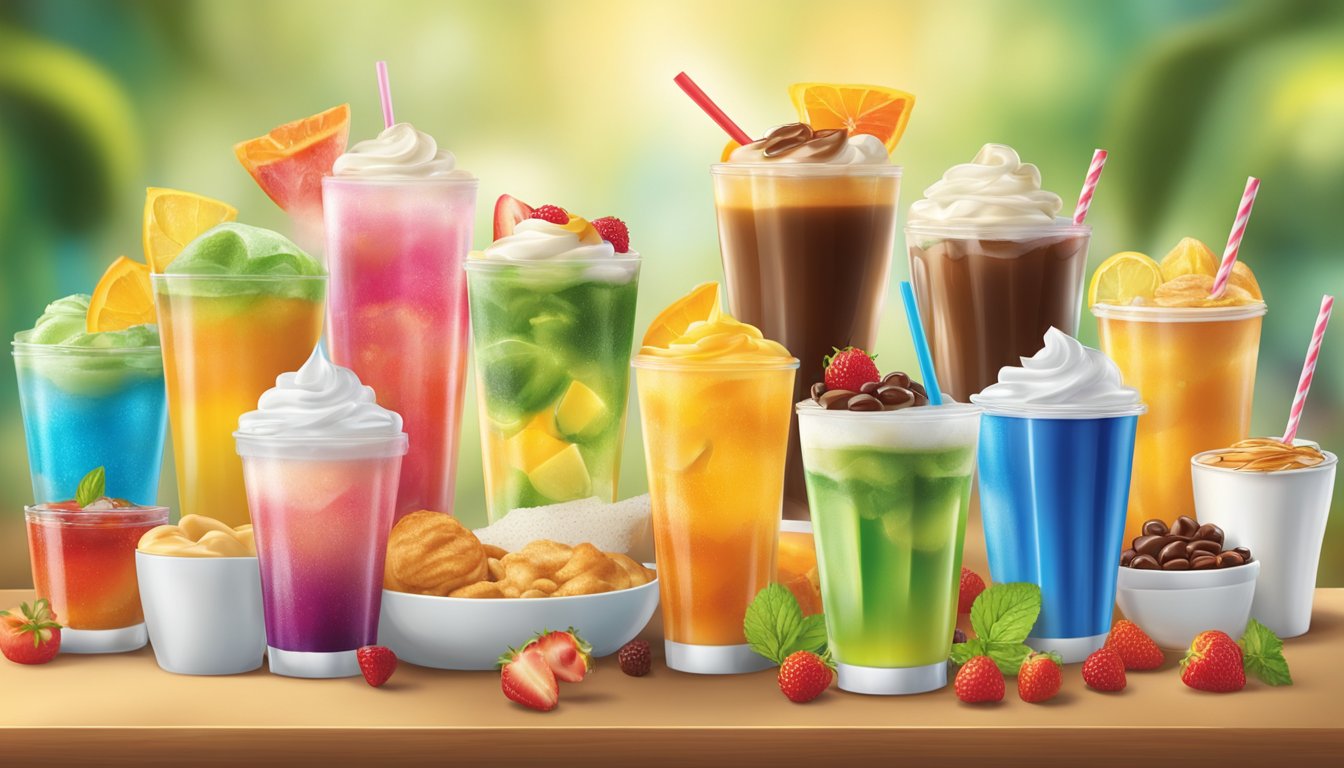 A colorful array of Sonic beverages on a breakfast-themed background, with a mix of hot and cold drinks displayed in various sizes and flavors