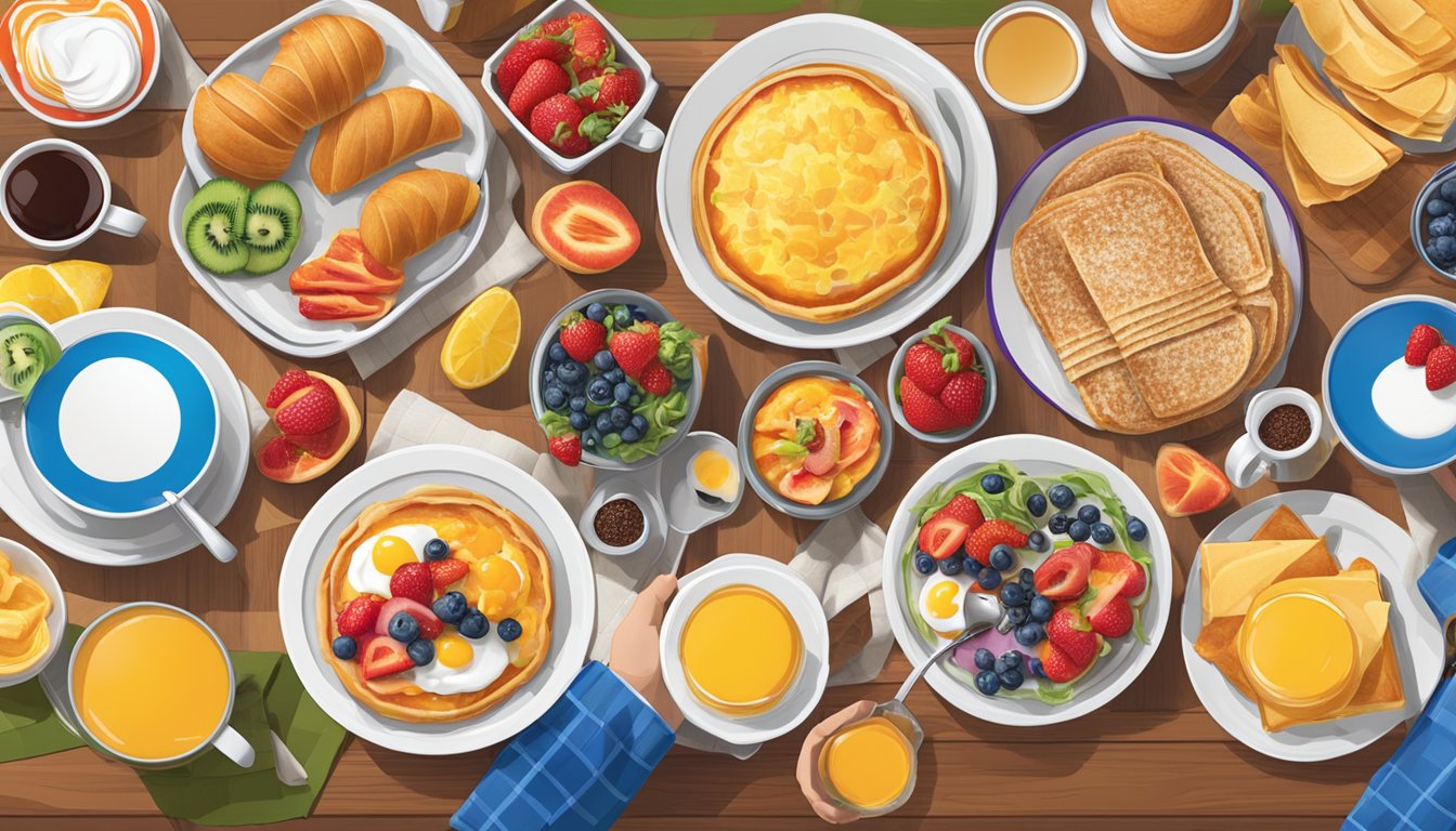 A colorful array of breakfast items spread out on a table, with customizable options and a vibrant Sonic logo in the background