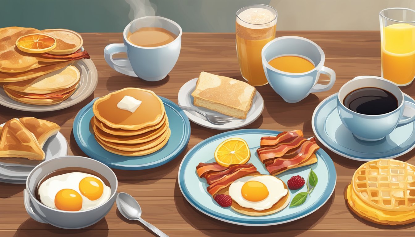 A colorful spread of breakfast items on a table, including pancakes, eggs, bacon, and a variety of pastries, with a steaming cup of coffee and a refreshing orange juice