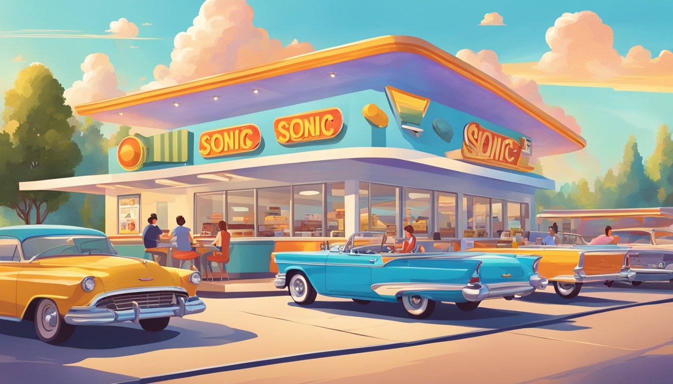 A colorful drive-in scene with a bright morning sky, a retro-style Sonic restaurant, and happy customers enjoying breakfast items at discounted prices