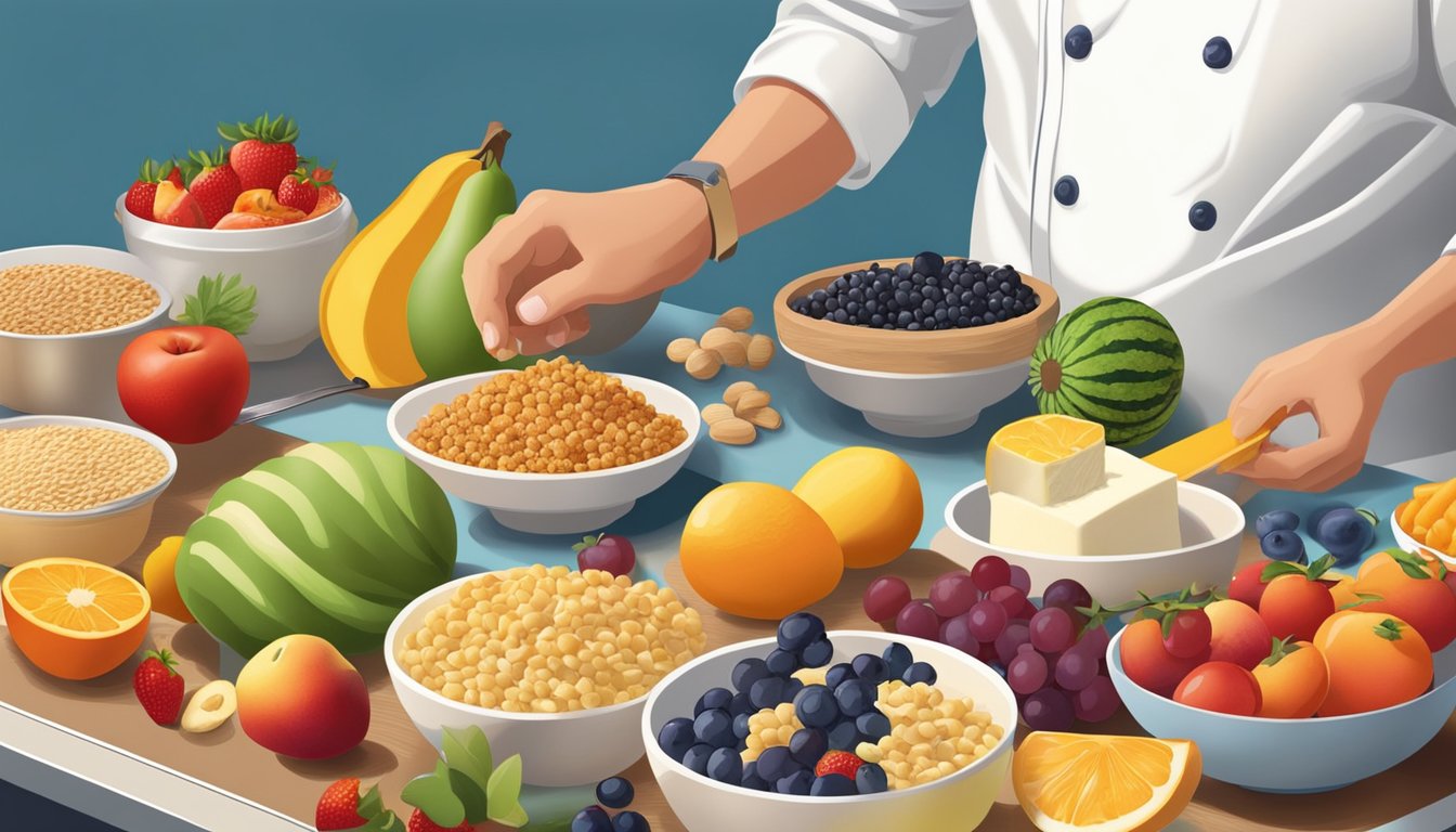 A chef carefully selects fresh ingredients from a colorful array of fruits, grains, and dairy products, arranging them on a countertop for a custom breakfast creation