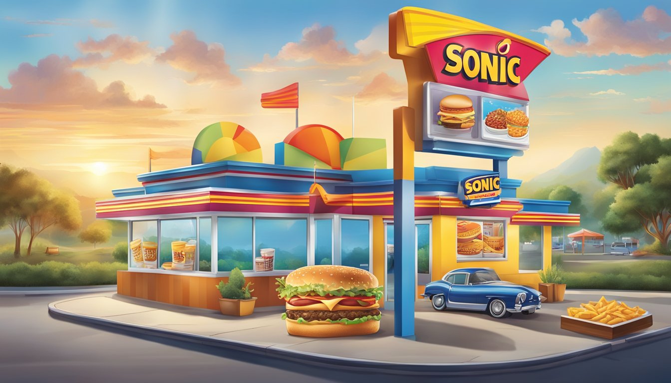 A colorful signboard outside a Sonic drive-in, featuring images of breakfast items and happy hour deals, with vibrant graphics and enticing food illustrations