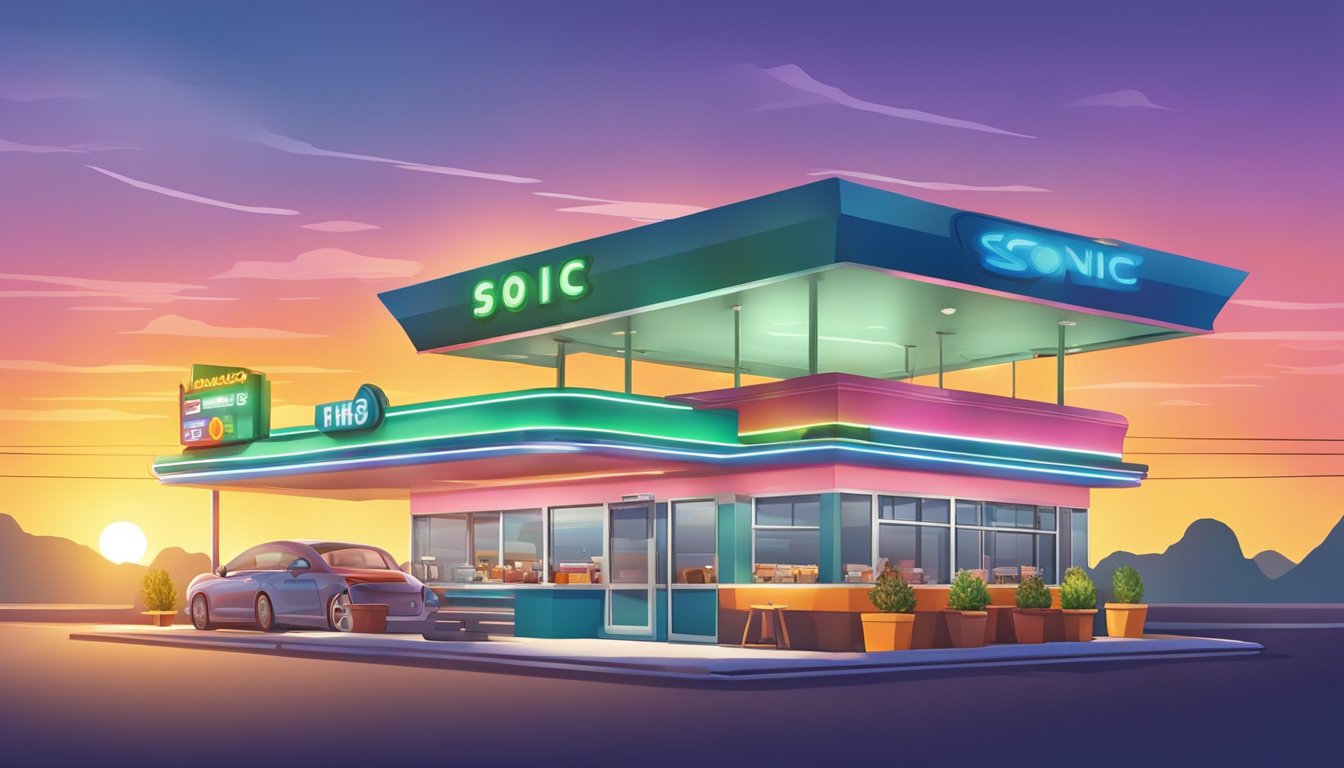 A colorful sunrise over a Sonic drive-in with a digital clock displaying breakfast and happy hour times. Carhops move between cars with trays of food