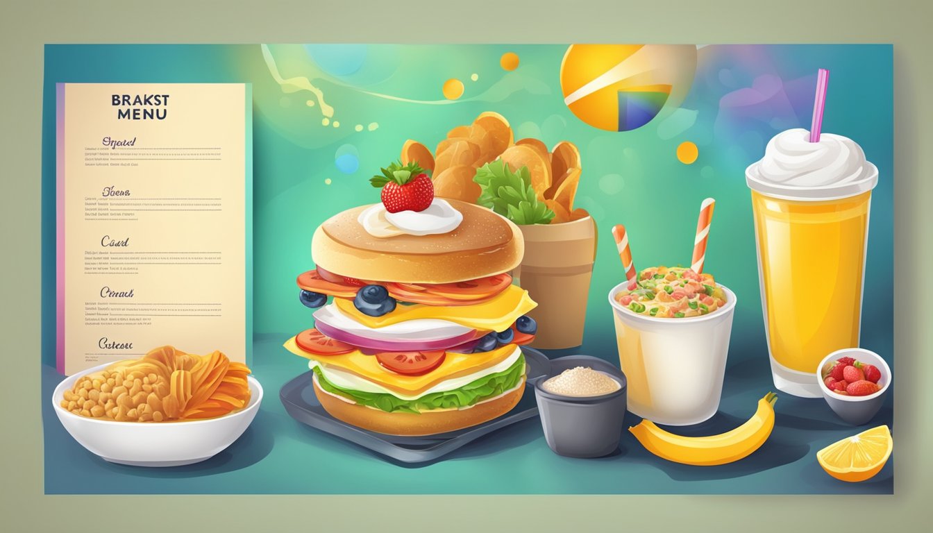 A colorful breakfast menu with various food items and pricing options displayed in an artistic and creative manner