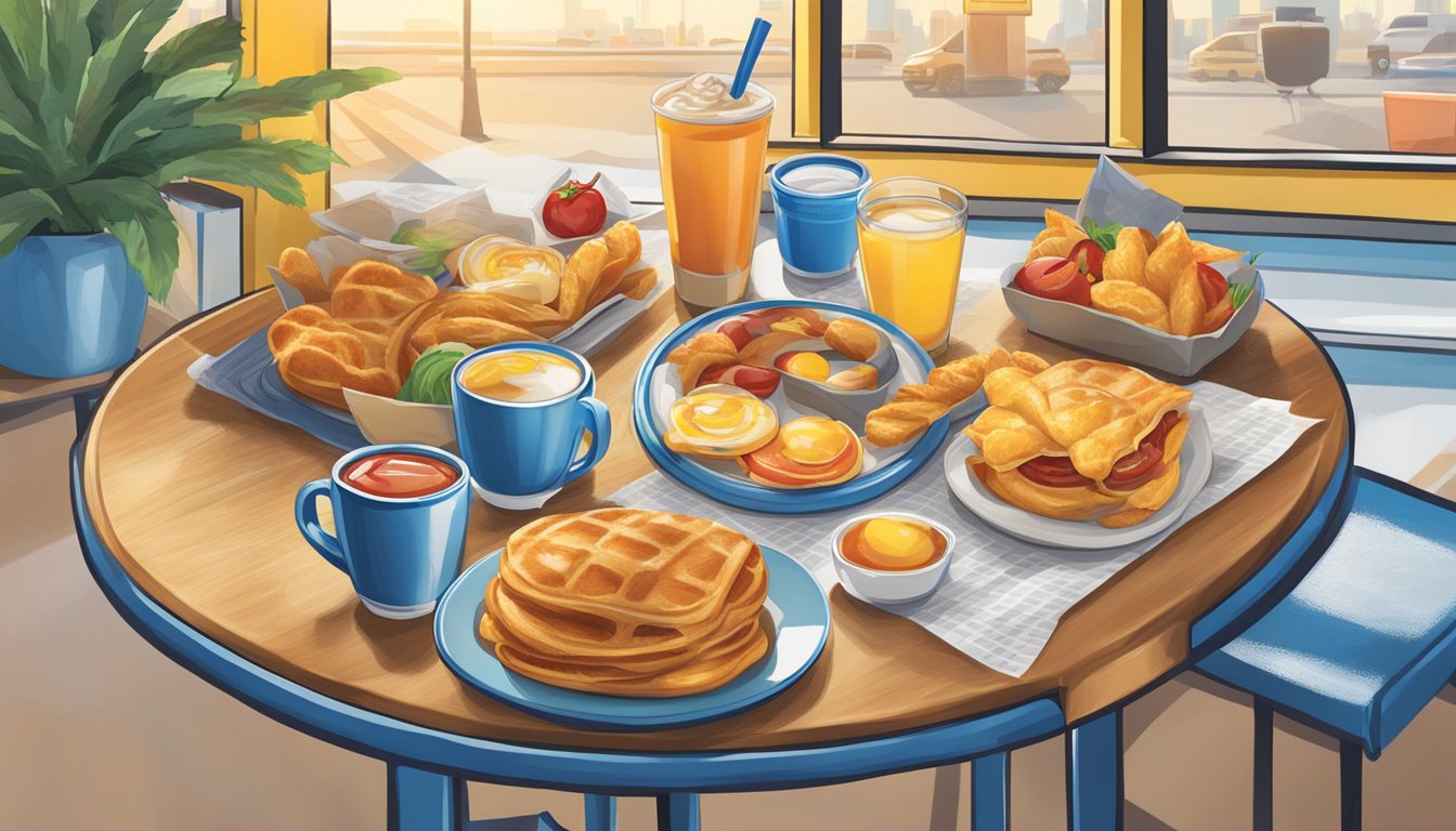 A table with breakfast items and a clock set at 7 am, with a sign advertising "Morning Deal" at Sonic's Happy Hour