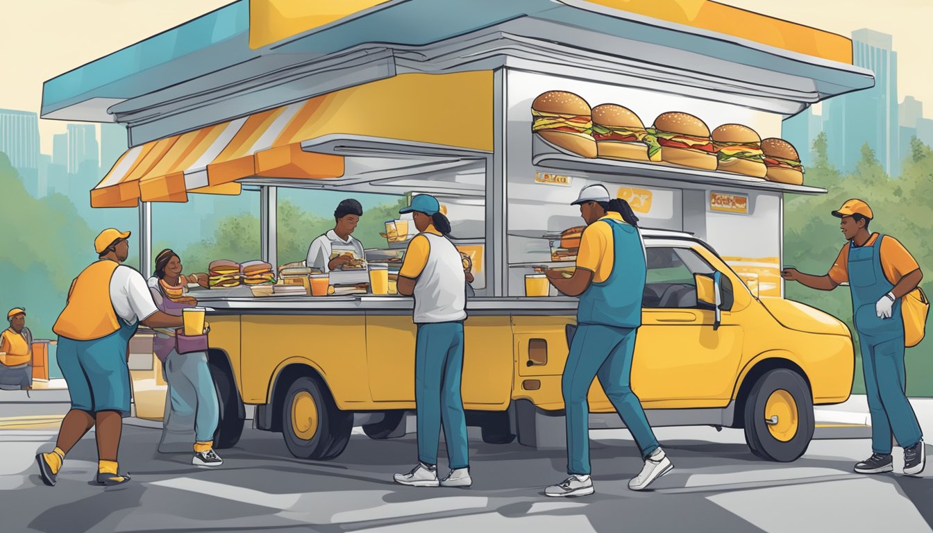 A bustling breakfast rush at a fast-food drive-thru, with workers assembling and serving breakfast sandwiches while competitors' logos loom in the background