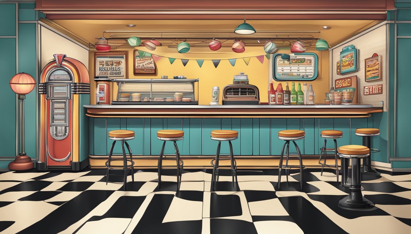 A cozy diner with retro jukebox, vintage decor, and a breakfast bar with customizable toppings and condiments