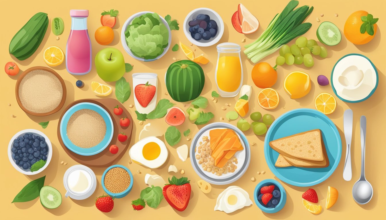 A colorful breakfast spread with fruits, vegetables, grains, and dairy, surrounded by icons representing various dietary preferences and nutritional information