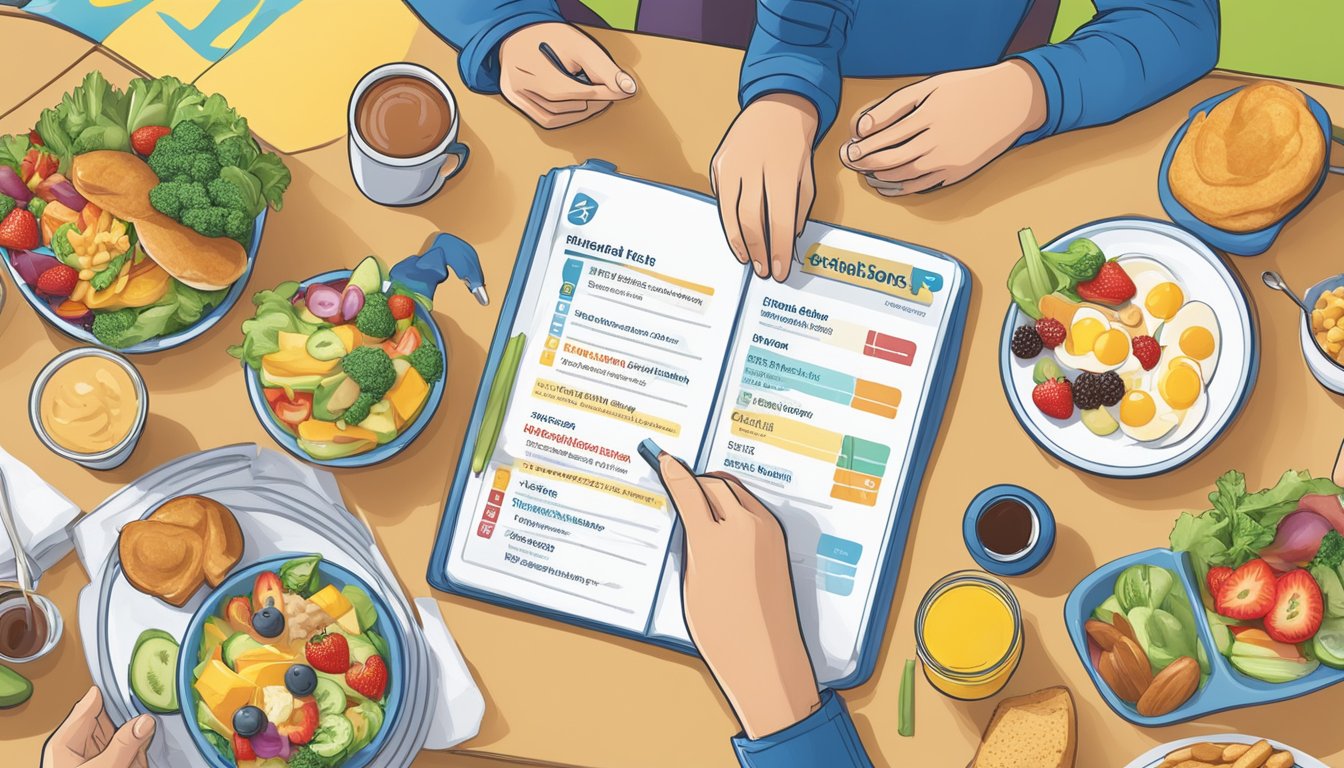 A nutritionist examines Sonic's breakfast menu, surrounded by colorful, healthy food options and nutritional information