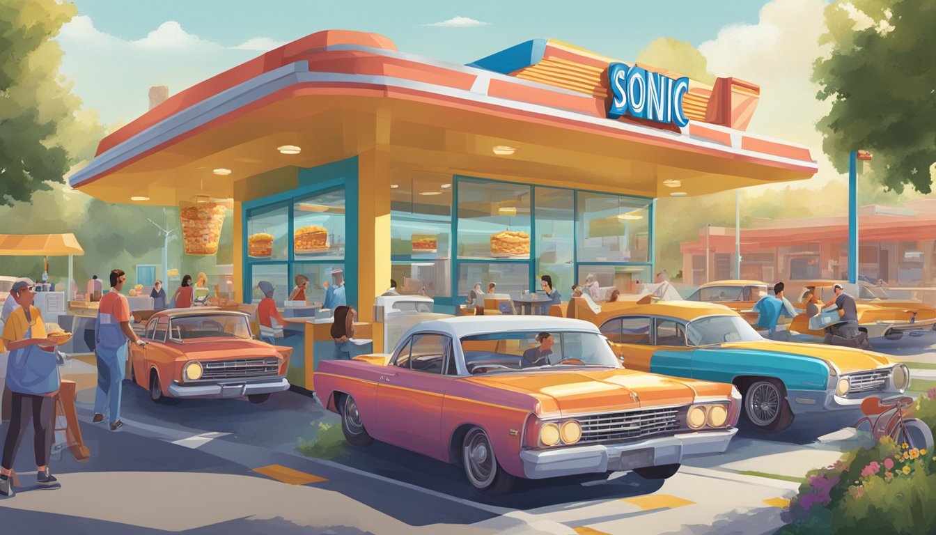 A bustling Sonic Drive-In with customers enjoying breakfast in a vibrant, local community setting