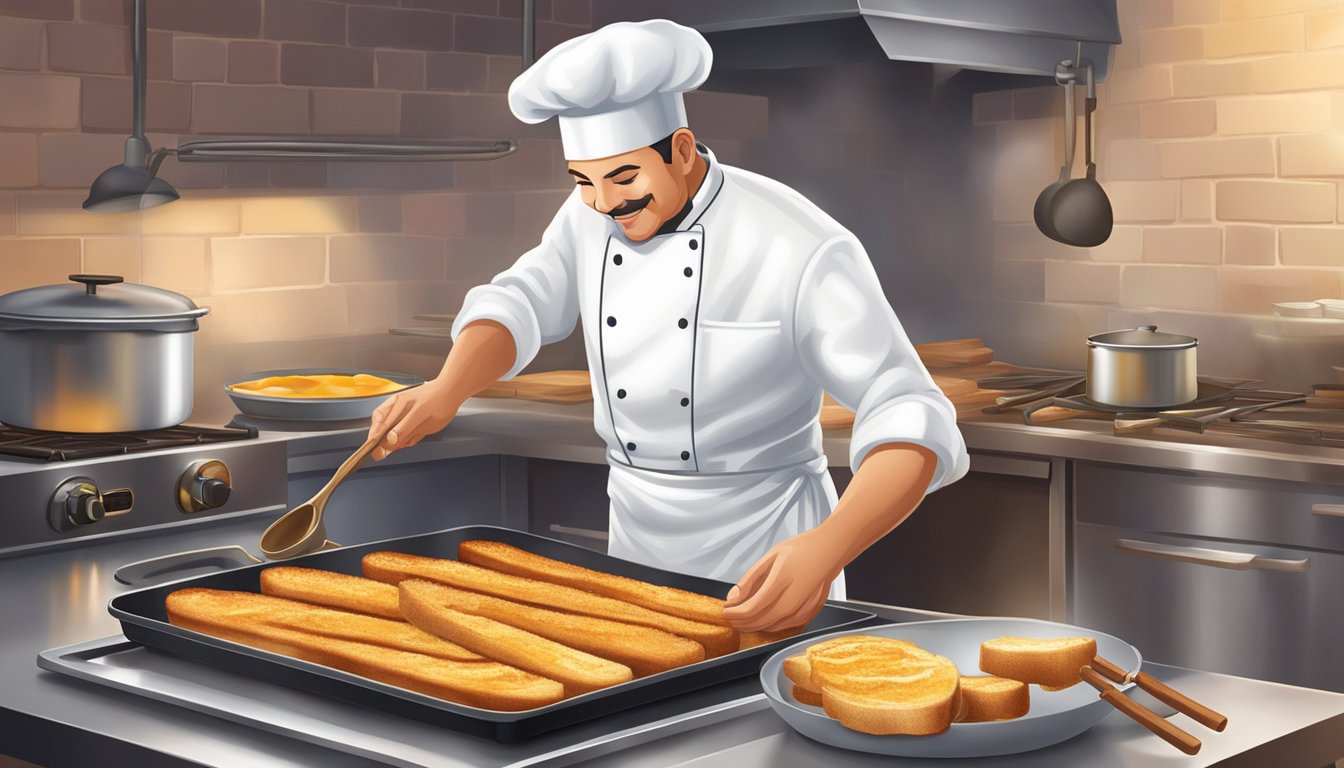 A chef carefully dips bread into a mixture of eggs and cinnamon, then places it on a sizzling griddle. The aroma of sweet, golden French toast sticks fills the air