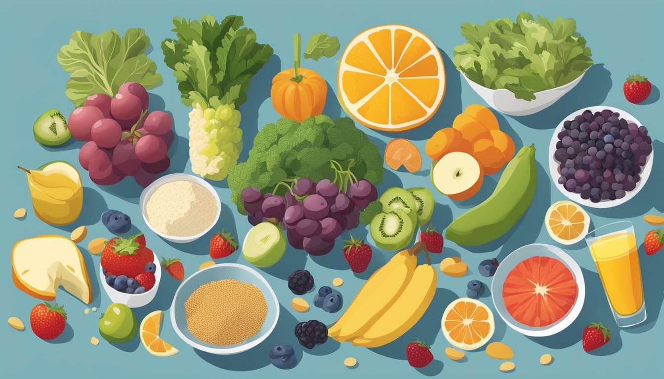 A colorful array of fruits, vegetables, grains, and dairy arranged on a breakfast table, showcasing a balanced and nutrient-rich meal