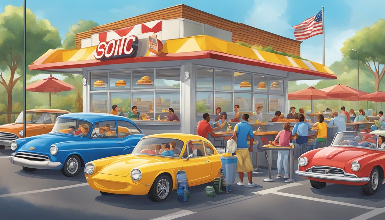 A bustling Sonic drive-in with cars lined up at the breakfast menu board, a diverse group of customers enjoying their meals at outdoor tables