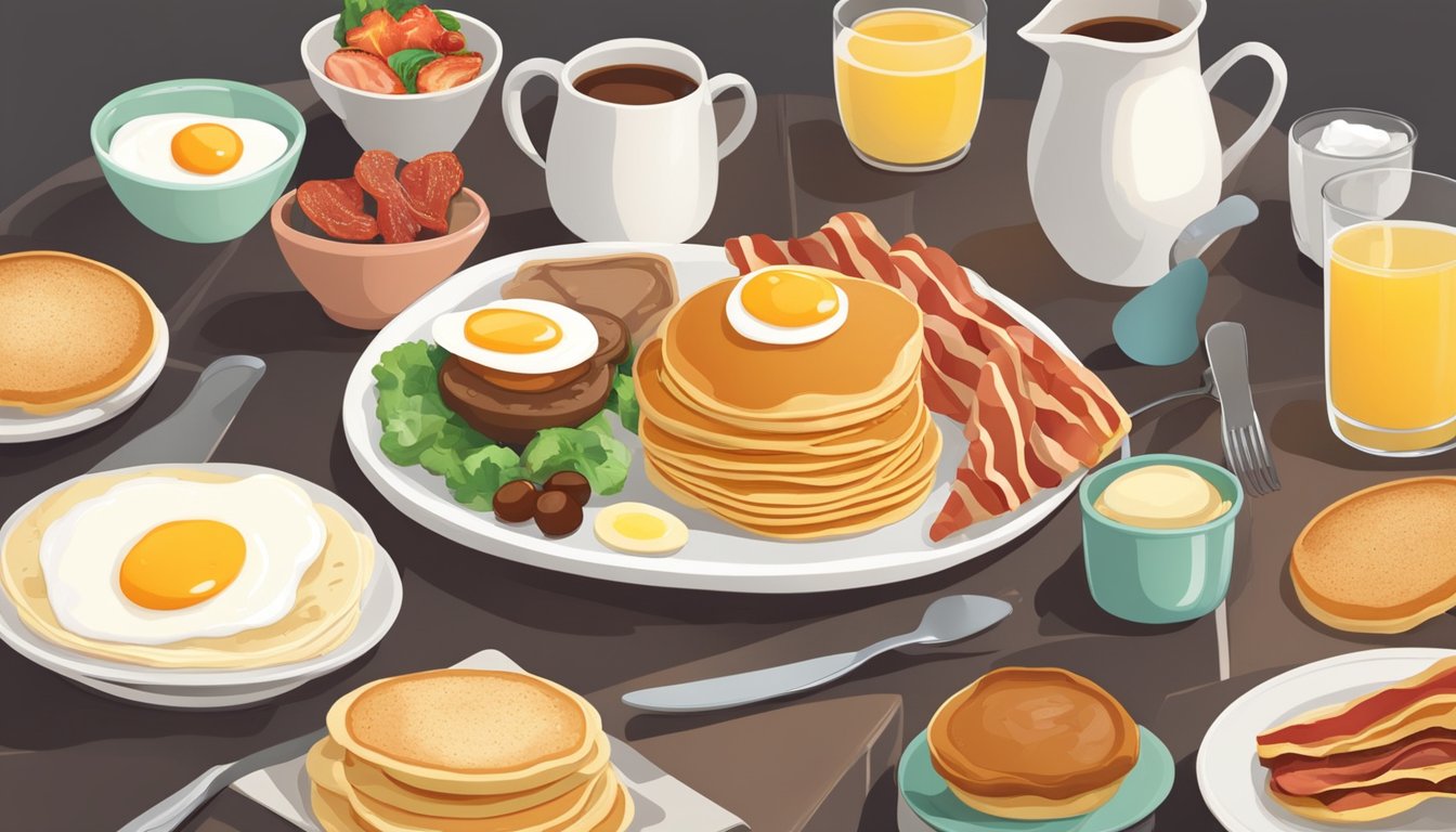 A table with various breakfast items arranged neatly, including pancakes, bacon, eggs, and a muffin. A nutritionist examines the items with a critical eye