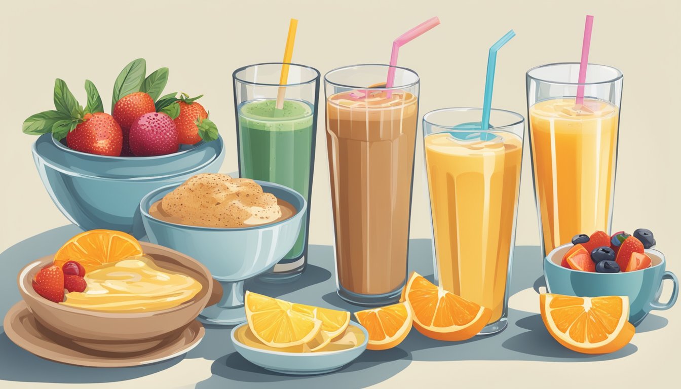 A table set with a variety of breakfast beverages, including smoothies, coffee, and orange juice, alongside a menu with nutritional information