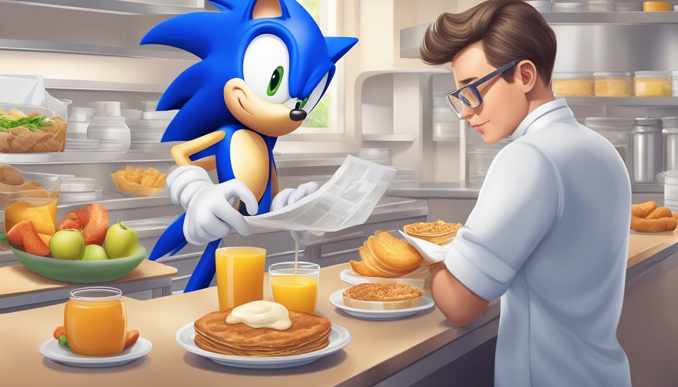 A nutritionist carefully examining Sonic's breakfast menu, highlighting allergens and dietary restrictions