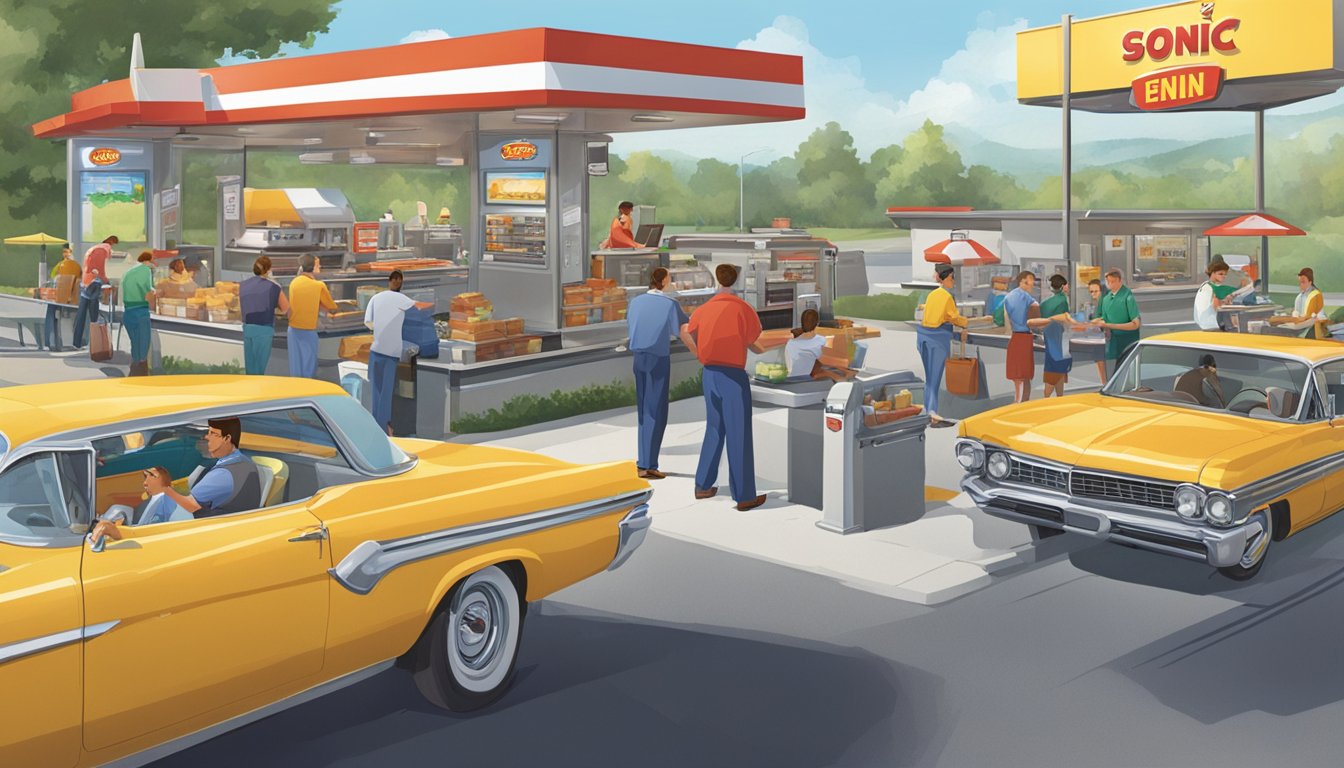 A bustling Sonic drive-in with customers enjoying breakfast in their cars, while employees efficiently serve and interact with them. A sense of community and economic activity is evident