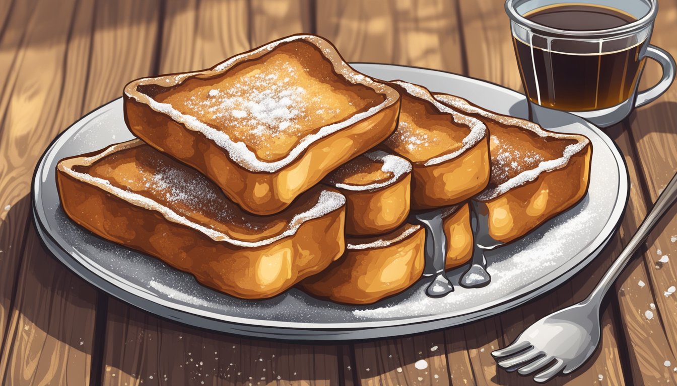 A plate of golden-brown French toast sticks, dusted with powdered sugar and served with a side of maple syrup, sits on a rustic wooden table