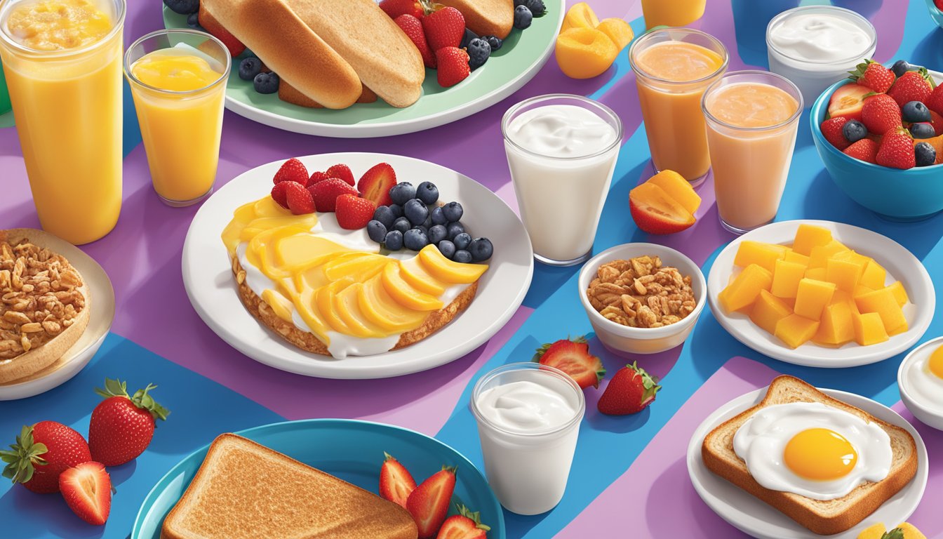 A colorful breakfast spread at Sonic, featuring a variety of fresh fruits, whole grain toast, eggs, and yogurt, all arranged on a vibrant, inviting table