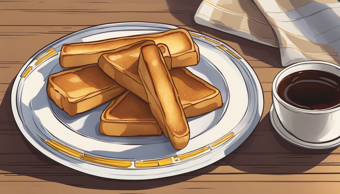 A plate of Sonic's French Toast Sticks with a cup of syrup, set on a table with a menu and a wallet