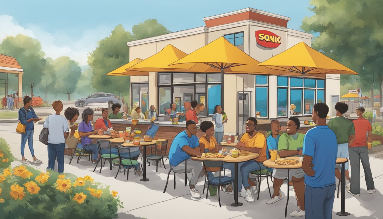 A bustling local community with diverse individuals enjoying Sonic's breakfast items at outdoor tables, while others line up at the drive-thru, showcasing the economic impact and positive consumer perception