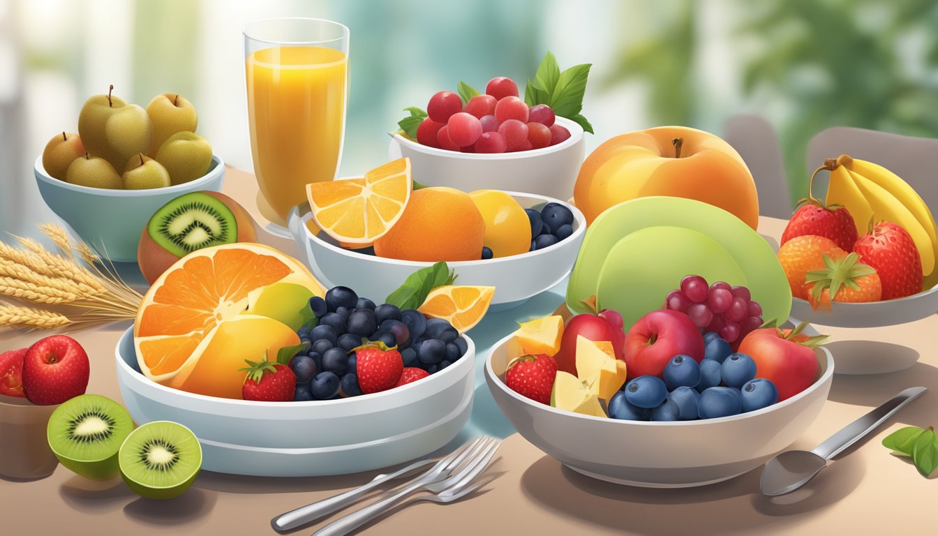 A colorful array of fresh fruits, whole grains, and lean proteins arranged on a clean, modern table setting