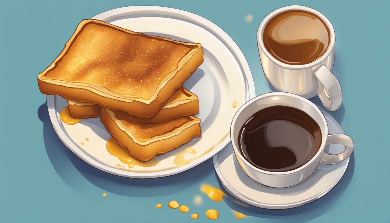 A plate of golden French toast sticks with a side of syrup, set on a colorful table with a steaming cup of coffee