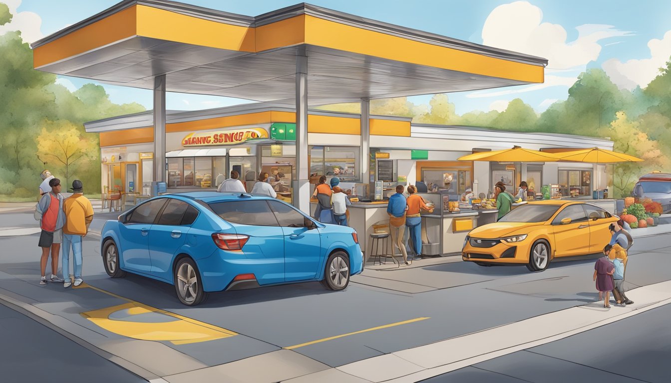 A bustling Sonic drive-thru with a diverse array of customers enjoying breakfast offerings in a vibrant local community