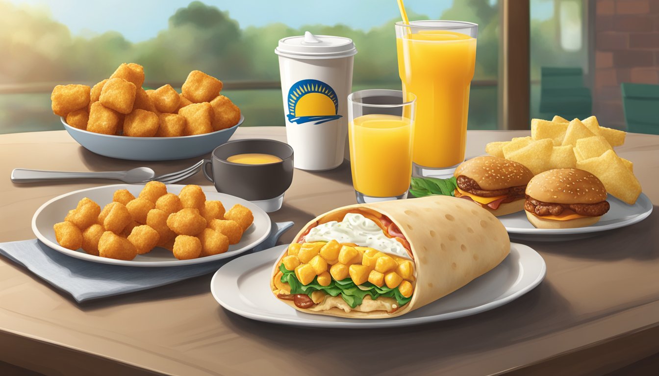 A table set with Sonic's signature breakfast items, including a breakfast burrito, sandwich, and tots, with a cup of coffee and orange juice