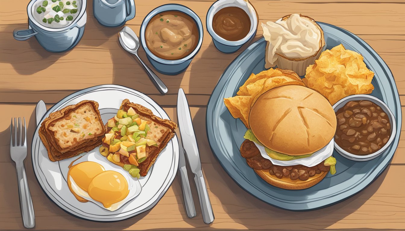 A table spread with regional breakfast items: Tex-Mex burrito, New England muffin sandwich, and Southern biscuit with gravy