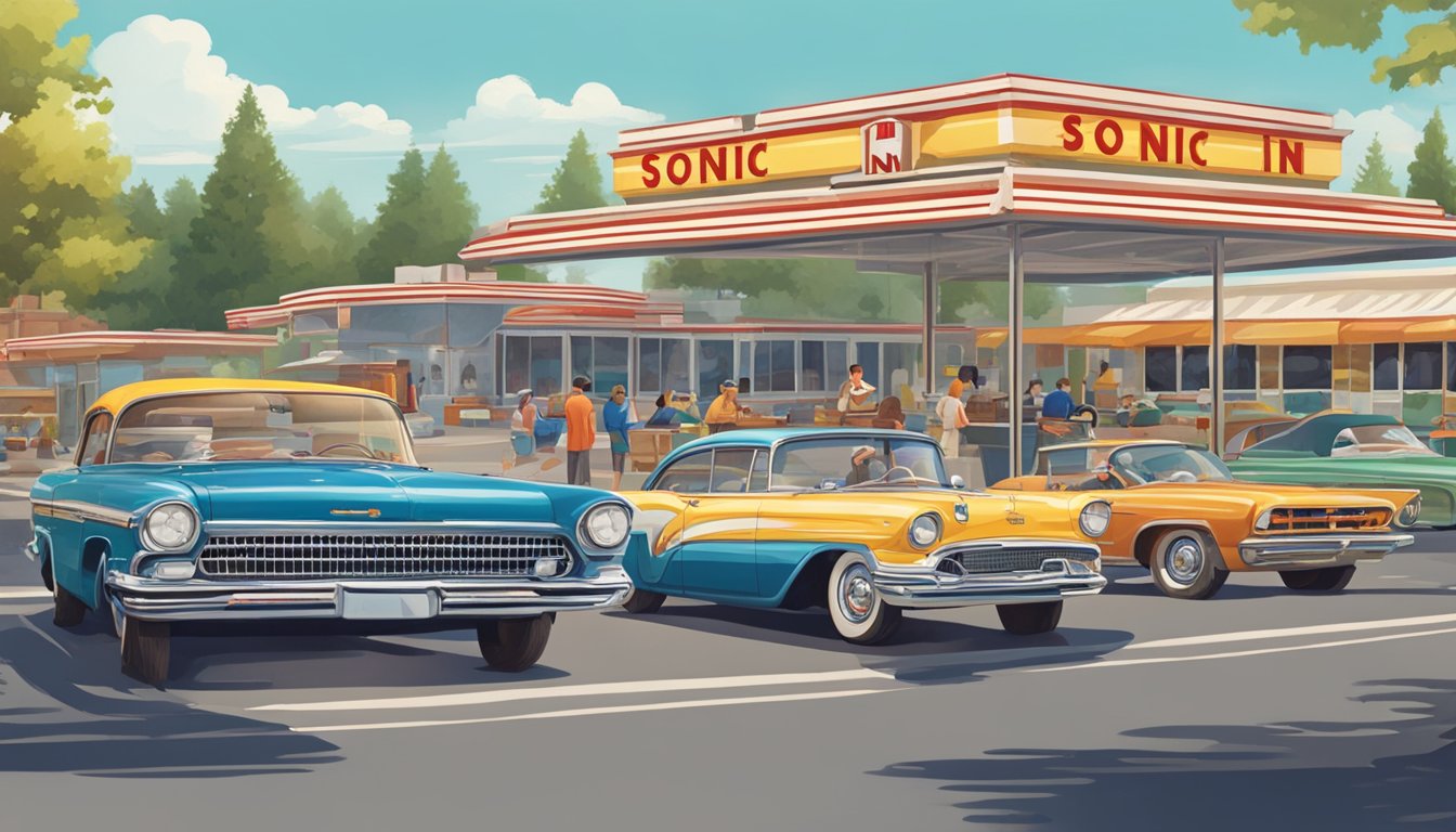 A vintage Sonic Drive-In sign overlooks a bustling parking lot filled with cars. Customers enjoy breakfast slushes at outdoor tables