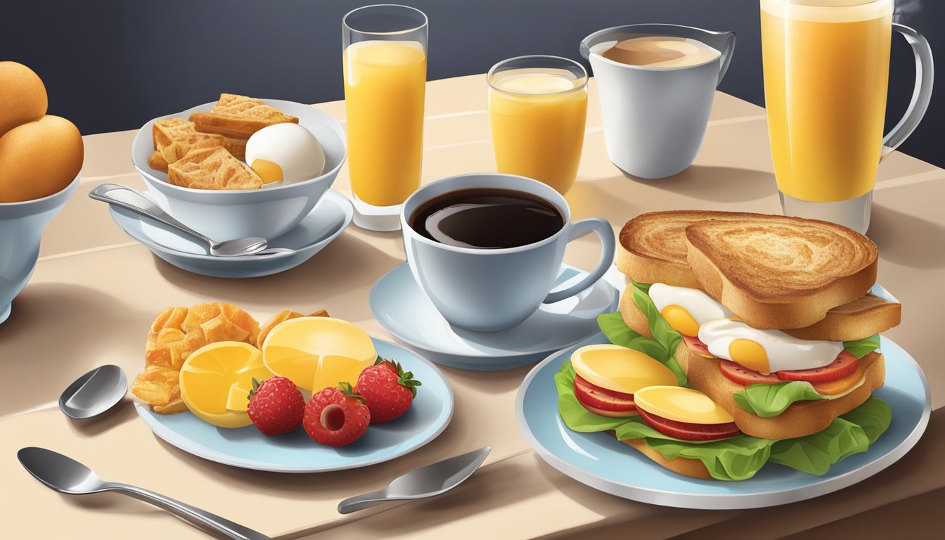 A table set with a variety of breakfast items, including a breakfast sandwich, coffee, and fruit, arranged in an appealing and appetizing display