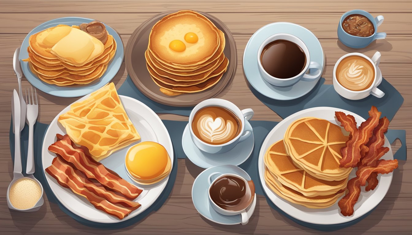 A table set with a variety of breakfast items, including a steaming cup of coffee, crispy bacon, and fluffy pancakes, all arranged in an inviting and appetizing display