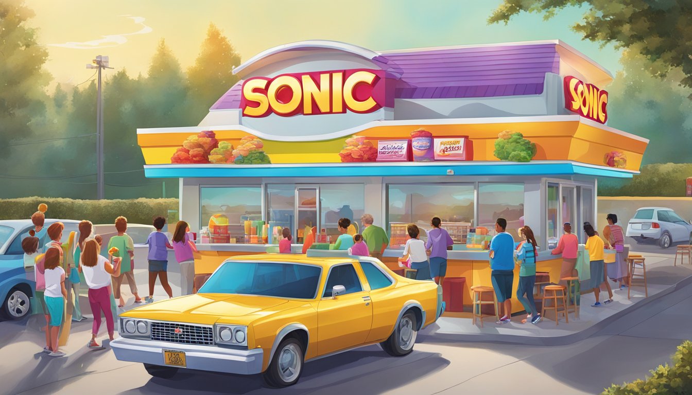 A crowded Sonic drive-thru with customers eagerly sipping colorful breakfast slushes in the early morning light