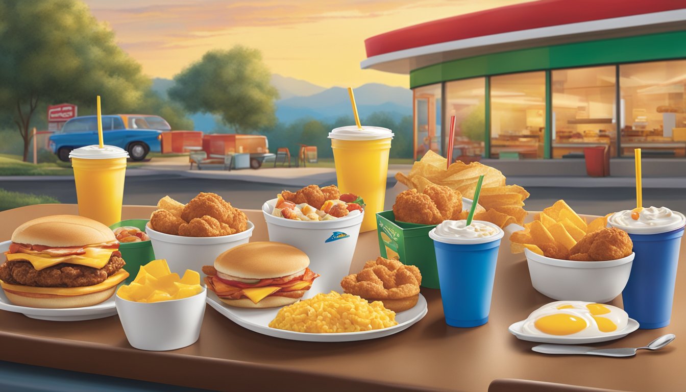 A vibrant and inviting breakfast scene at Sonic drive-in, with a variety of breakfast items displayed alongside colorful promotional materials