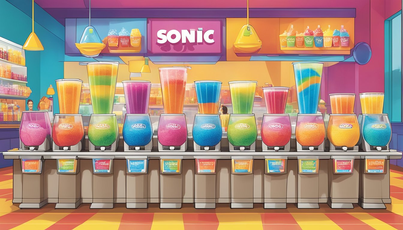 A colorful array of Sonic slush flavors arranged on a vibrant counter with a crowd of eager customers in the background