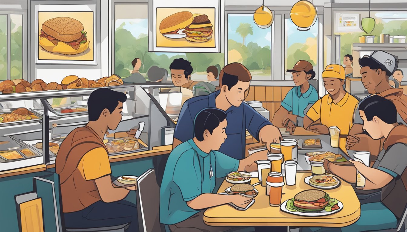 A breakfast table with Sonic's combo meals, surrounded by customers giving feedback to the staff. The staff is seen making adjustments to the menu based on the feedback