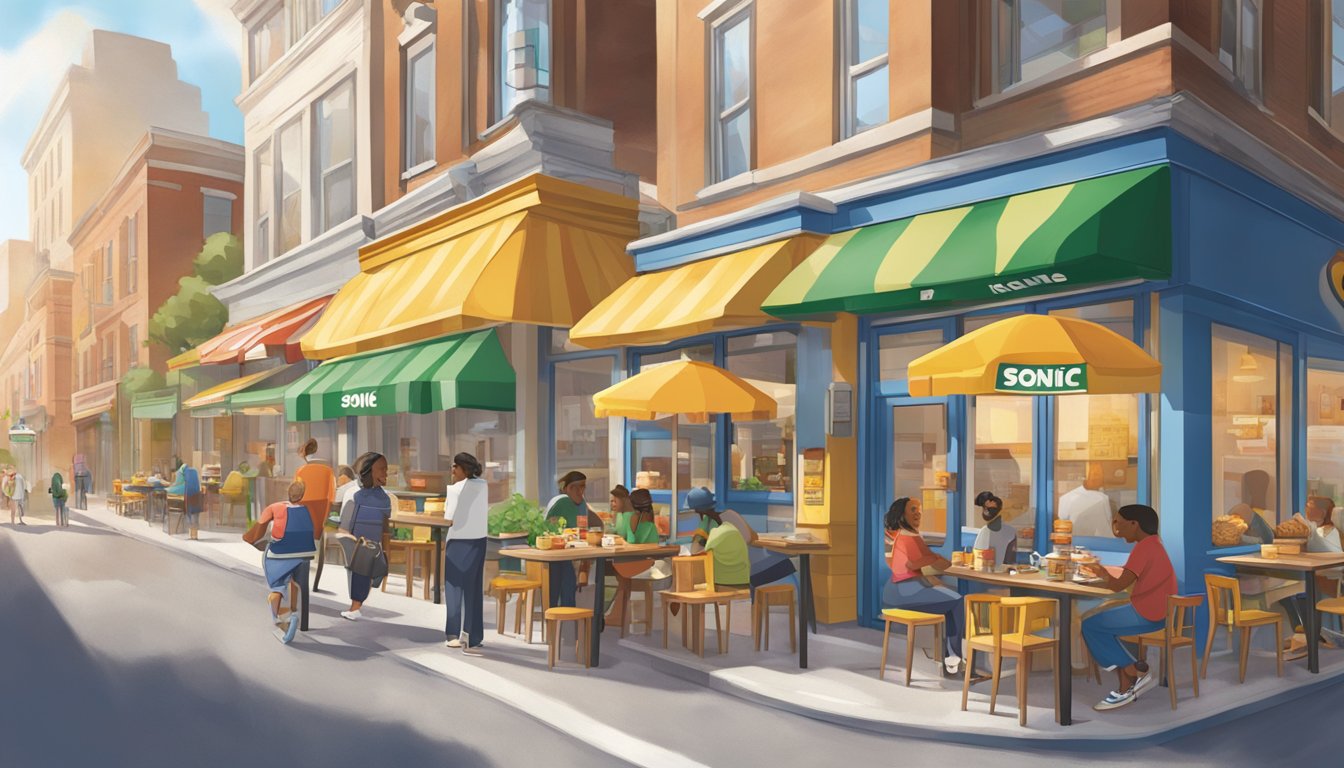 A bustling city street with diverse breakfast items from Sonic's menu displayed in various storefronts, reflecting the convenience and accessibility of the chain across different regions