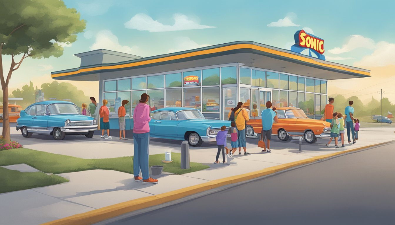 A line of customers eagerly waits outside a Sonic drive-in, their cars wrapped around the building, all hoping to get their hands on the coveted breakfast slushes