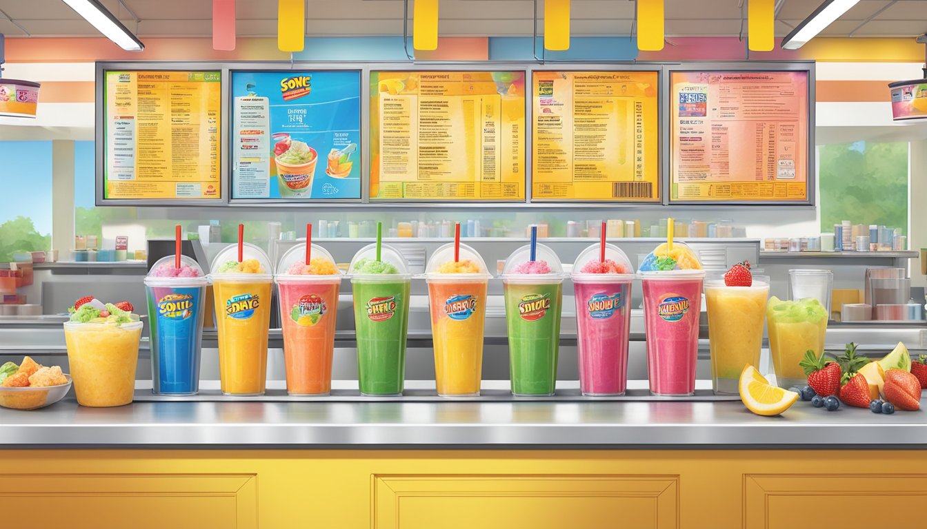 A colorful display of Sonic's breakfast slushes with nutritional information labels, surrounded by happy customers